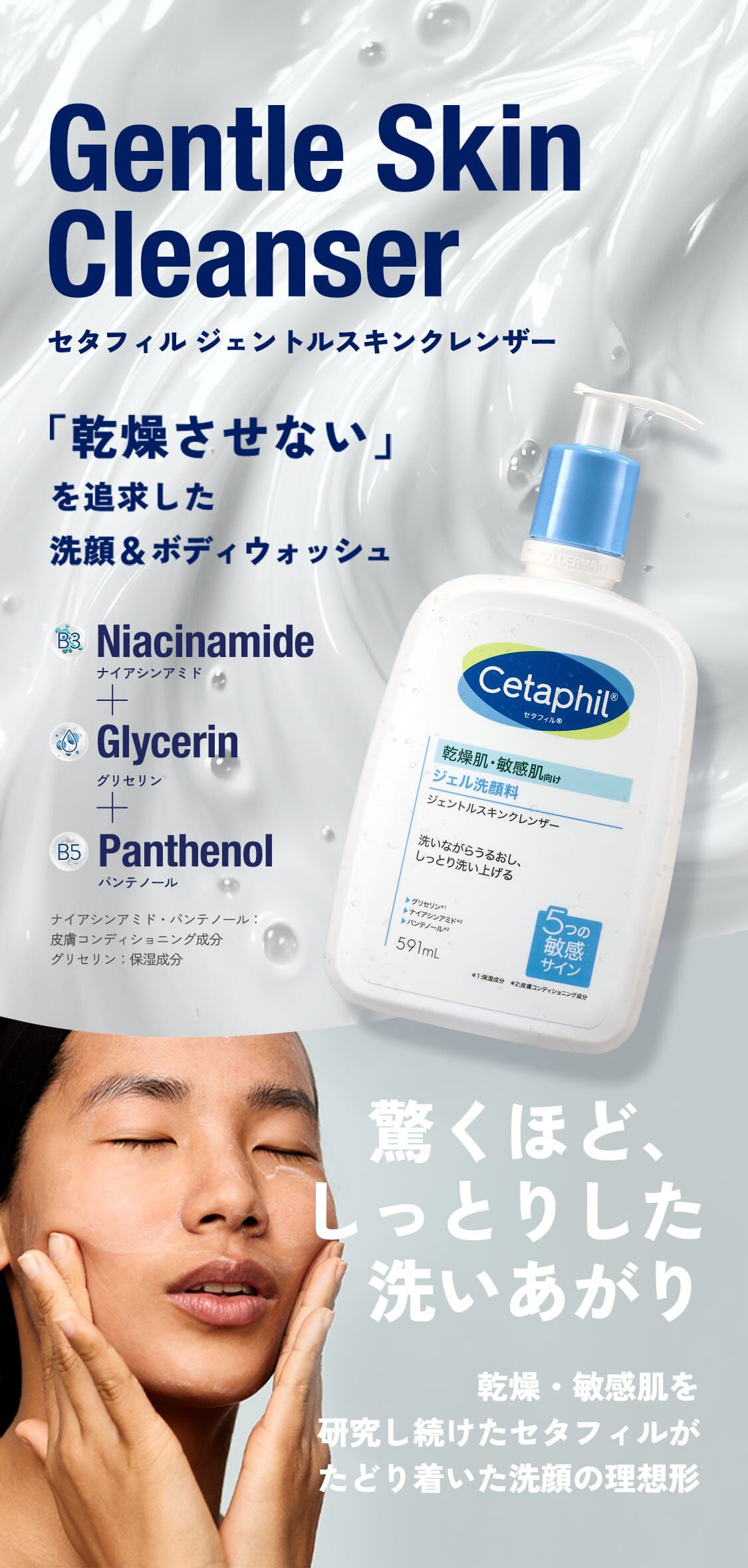Gentle Skin Cleanser セタフィル ジェントルスキンクレンザー「乾燥させない。」を追求した洗顔＆ボディウォッシュ（ナイアシンアミド+グリセリン+パンテノール ※ナイアシンアミド・パンテノール：皮膚コンディショニング成分、グリセリン：保湿成分）驚くほど、しっとりした洗いあがり乾燥・敏感肌を研究し続けたセタフィルがたどり着いた洗顔の理想形