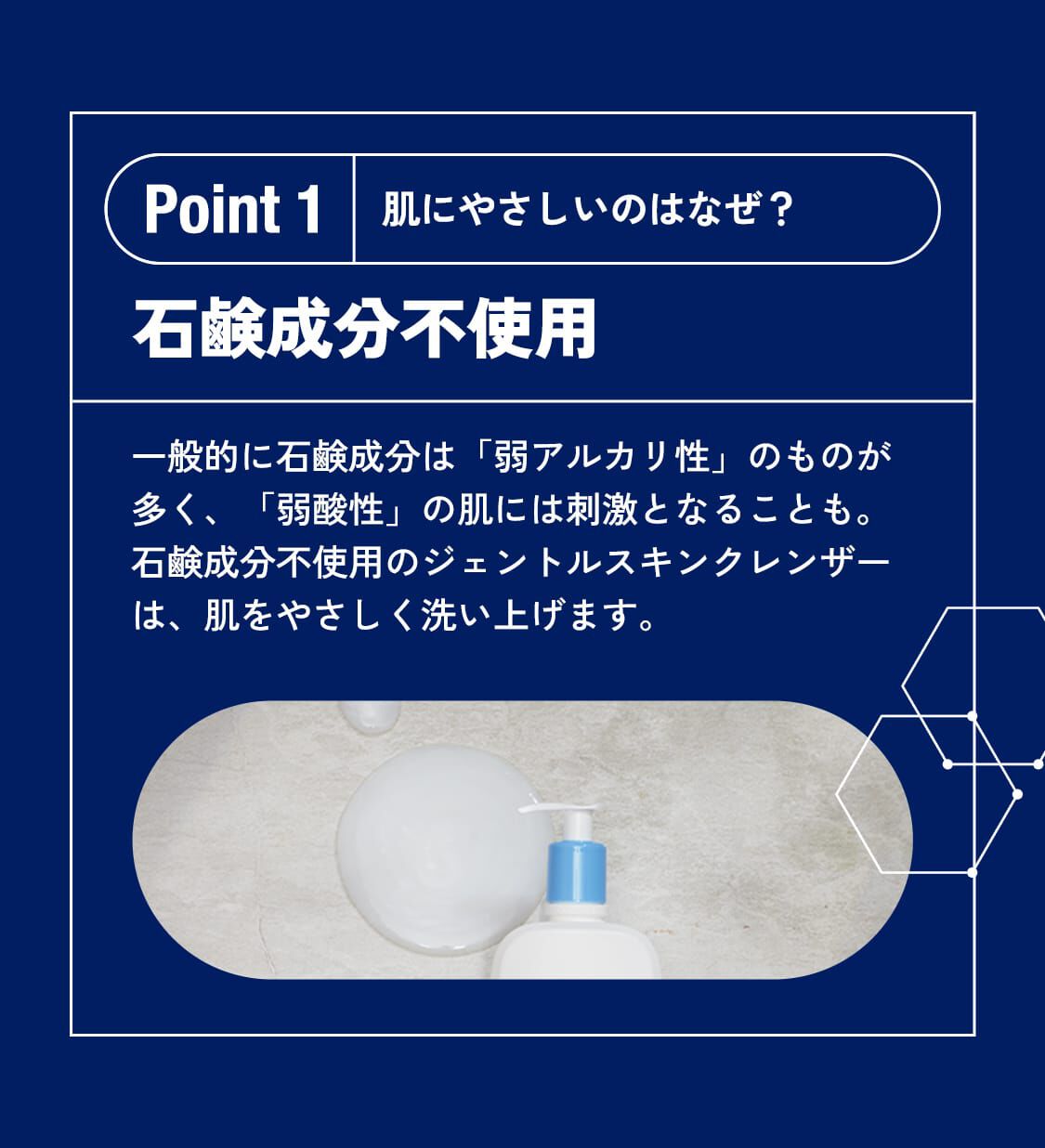 Point1 肌にやさしいのはなぜ？答え「石鹸成分不使用」一般的に石鹸成分は「弱アルカリ性」のものが多く、「弱酸性」の肌には刺激となることも。石鹸成分不使用のジェントルスキンクレンザーは、肌をやさしく洗い上げます。