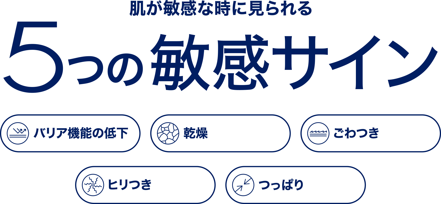 肌が敏感な時に見られる5つの敏感サイン（バリア機能の低下、乾燥、ごわつき、ヒリつき、つっぱり）
