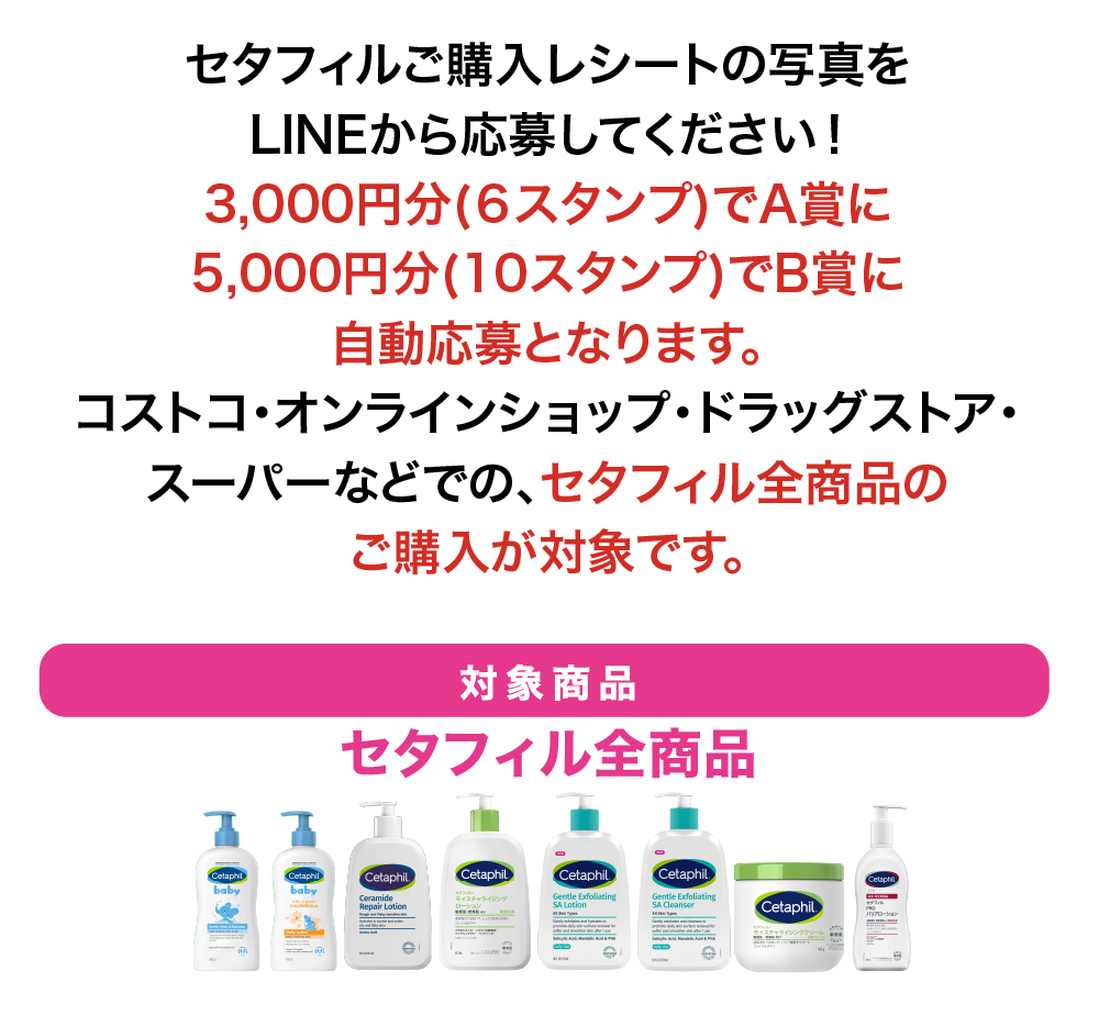 セタフィル購入レシートをLINEから応募してください！3,000円分(６スタンプ)でA賞に、5,000円分（10スタンプ）でB賞に自動応募となります。コストコ・オンラインショップ・ドラッグストア・スーパーなどでのセタフィル全商品のご購入が対象です。